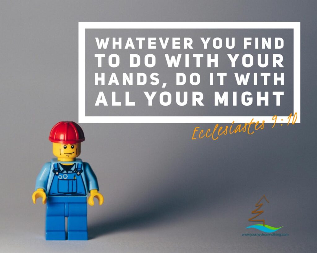 a Lego builder with the bible verse Ecclesiastes 9:10