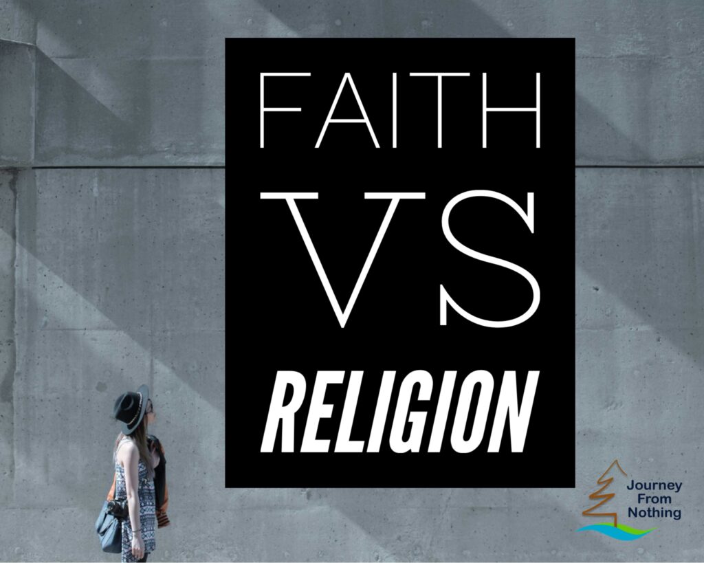 Woman standing in front of a wall looking at a sign reading Faith vs Religion