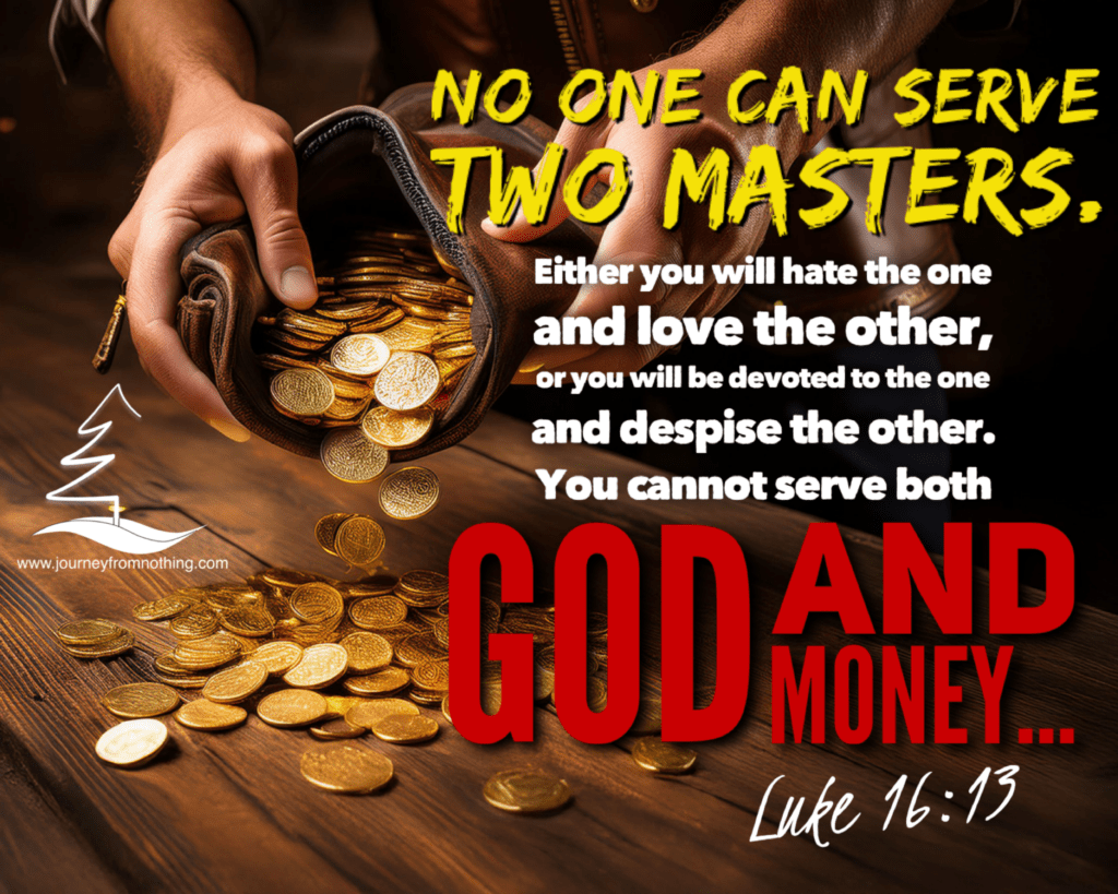 Gold coins poured out on a rugged wooden table with a bible vers from Luke as text