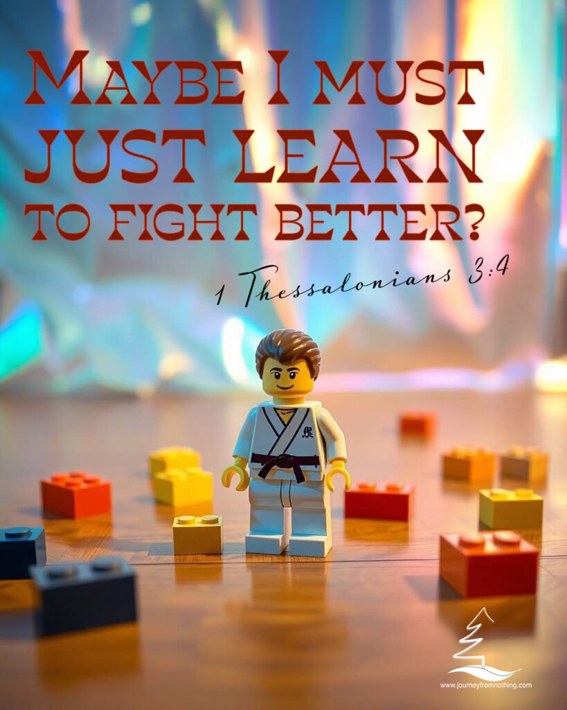 A Lego man in a Karate Outfit between other lego pieces