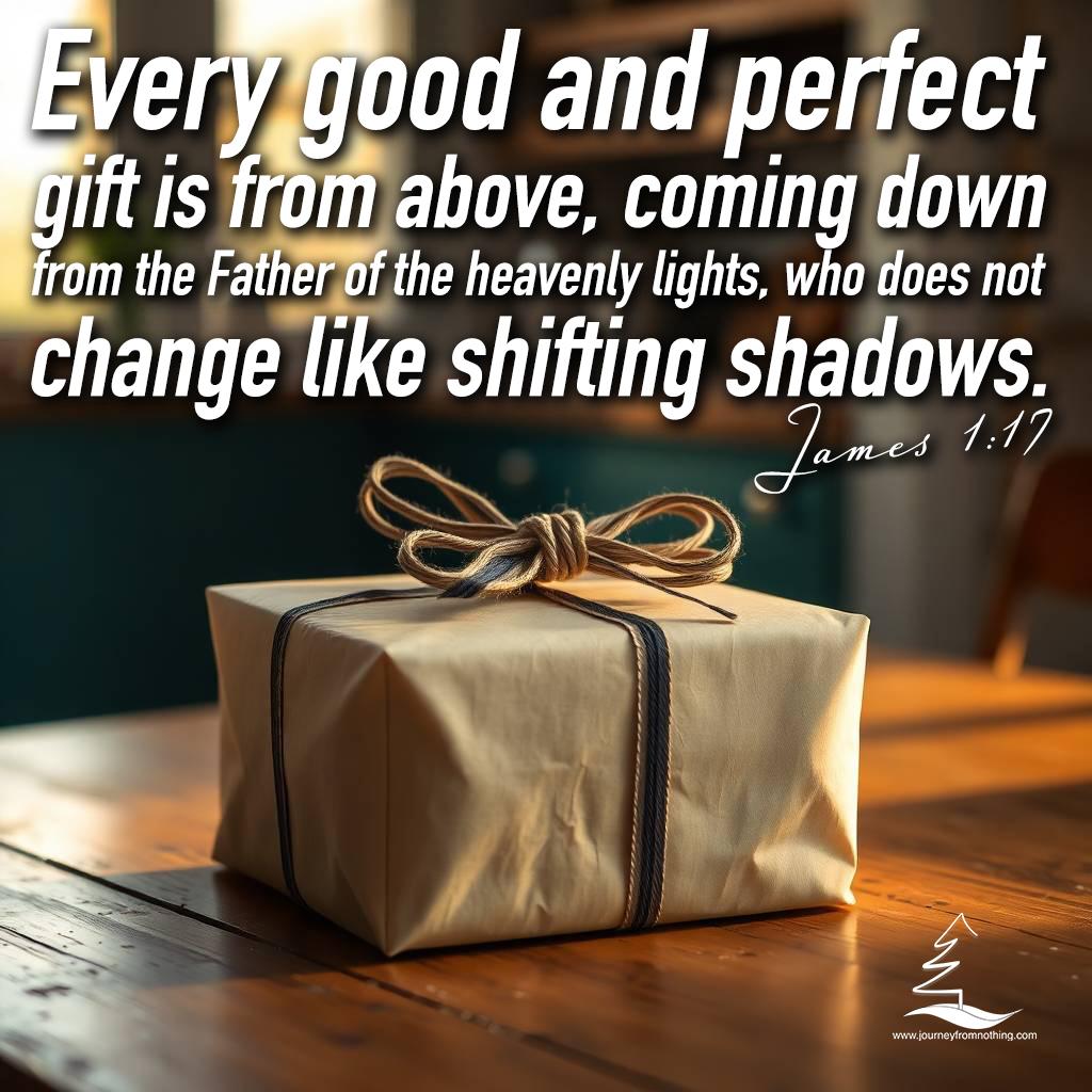 A wrapped gift on a table with the bible verse James 1:17