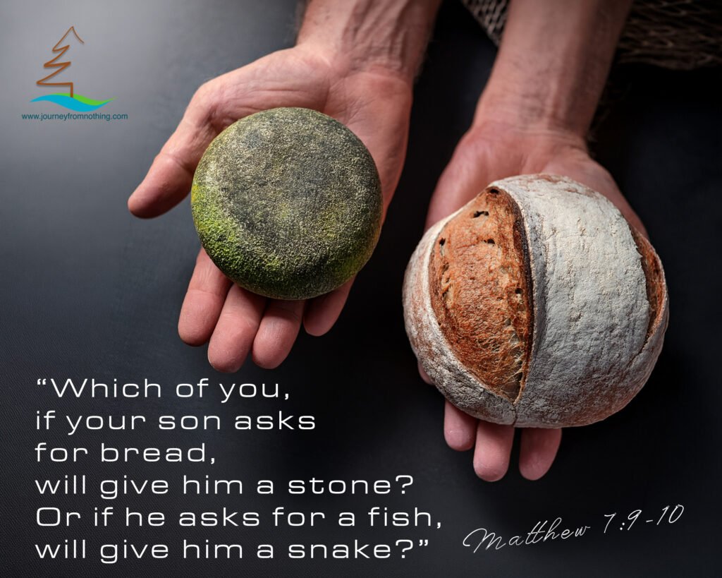 Hands holding a Stone and a loaf of bread, referencing Matt 7:9-10